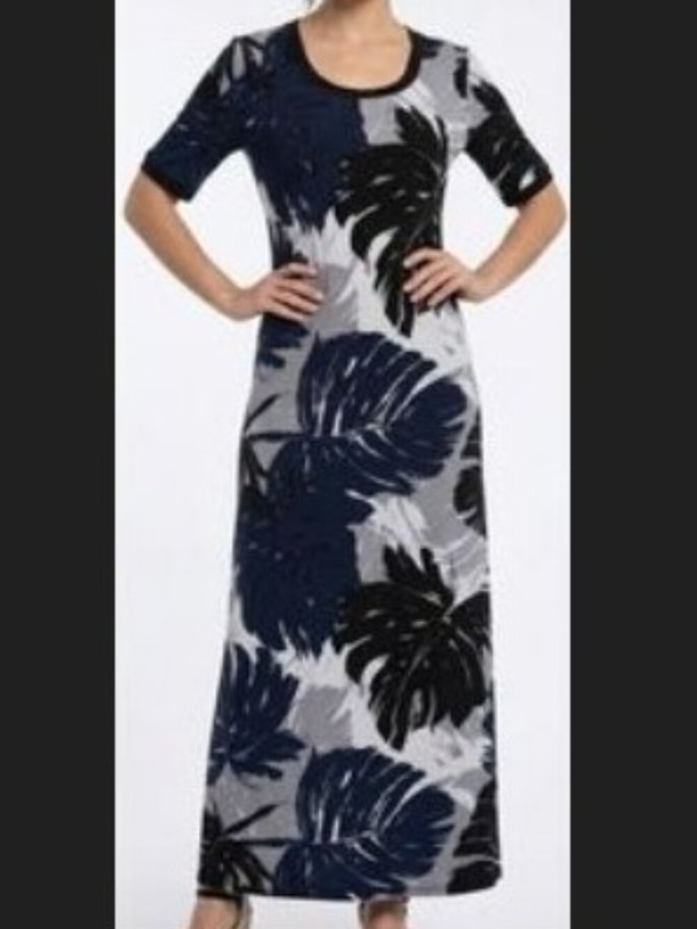 GILI Jetsetter Navy Palm Leaf Side Slit Short Sleeve Maxi Dress Small